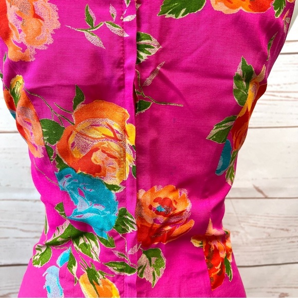 Vintage Retro 90’s Moda INTL Fuchsia Tropical Floral Pocket Sheath Dress - Picture 7 of 10